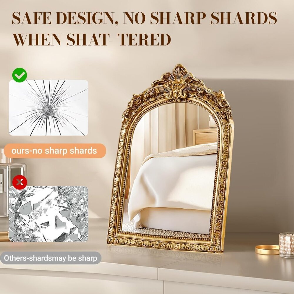 Vintage Makeup Desk Mirror 7 Inch Gold Antique Mirror Frame Decorative Wall Art - Picture 6 of 8